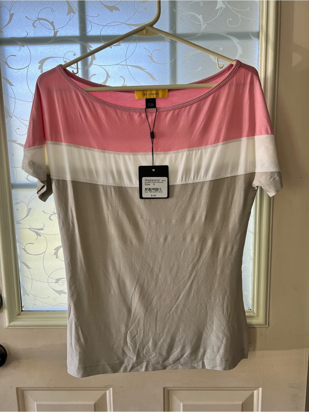 St John Yellow Label colorblock short-sleeve top size Small pink/white/taupe NWT